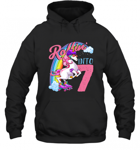 Kids Unicorn Roller Skate 7th Birthday Shirt Girls Unicorn Hooded Sweatshirt Hooded Sweatshirt / Black / S Hooded Sweatshirt - Nice-Tshirts4u