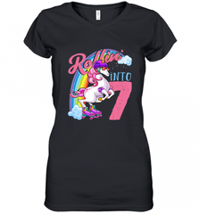 Kids Unicorn Roller Skate 7th Birthday Shirt Girls Unicorn Women's V-Neck T-Shirt Women's V-Neck T-Shirt - Nice-Tshirts4u