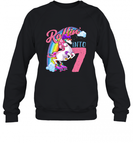 Kids Unicorn Roller Skate 7th Birthday Shirt Girls Unicorn Crewneck Sweatshirt Crewneck Sweatshirt / Black / S Crewneck Sweatshirt - Nice-Tshirts4u