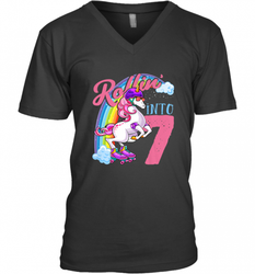 Kids Unicorn Roller Skate 7th Birthday Shirt Girls Unicorn Men's V-Neck