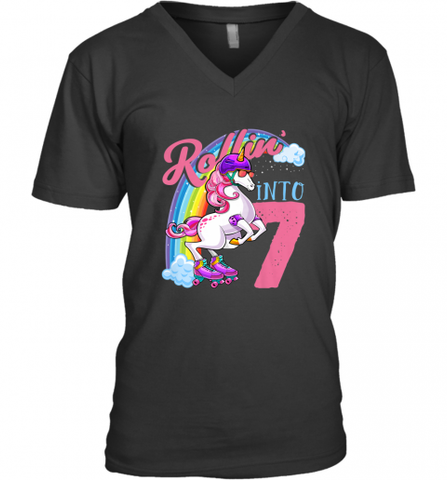Kids Unicorn Roller Skate 7th Birthday Shirt Girls Unicorn Men's V-Neck Men's V-Neck / Black / S Men's V-Neck - Nice-Tshirts4u