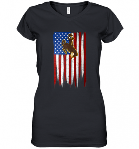 Wyoming Cowboys Grunge American Flag  Apparel Women's V-Neck T-Shirt Women's V-Neck T-Shirt / Black / S Women's V-Neck T-Shirt - Nice-Tshirts4u