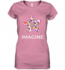 Imagine Flower Peace Sign Hippie 60s 70s Retro Women's V-Neck T-Shirt Women's V-Neck T-Shirt - Nice-Tshirts4u