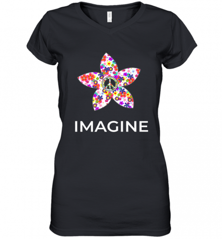 Imagine Flower Peace Sign Hippie 60s 70s Retro Women's V-Neck T-Shirt Women's V-Neck T-Shirt / Black / S Women's V-Neck T-Shirt - Nice-Tshirts4u