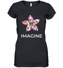 Imagine Flower Peace Sign Hippie 60s 70s Retro Women's V-Neck T-Shirt Women's V-Neck T-Shirt - Nice-Tshirts4u