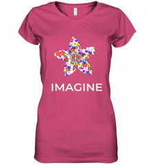 Imagine Flower Peace Sign Hippie 60s 70s Retro Women's V-Neck T-Shirt Women's V-Neck T-Shirt - Nice-Tshirts4u