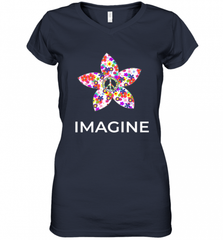 Imagine Flower Peace Sign Hippie 60s 70s Retro Women's V-Neck T-Shirt Women's V-Neck T-Shirt - Nice-Tshirts4u