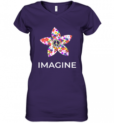 Imagine Flower Peace Sign Hippie 60s 70s Retro Women's V-Neck T-Shirt Women's V-Neck T-Shirt - Nice-Tshirts4u