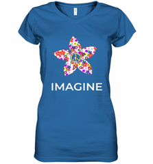 Imagine Flower Peace Sign Hippie 60s 70s Retro Women's V-Neck T-Shirt Women's V-Neck T-Shirt - Nice-Tshirts4u