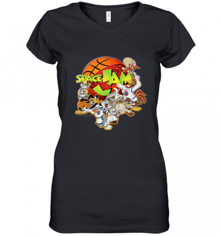 Kids Space Jam Group Shot Basketball Logo Women's V-Neck T-Shirt Women's V-Neck T-Shirt / Black / S Women's V-Neck T-Shirt - Nice-Tshirts4u